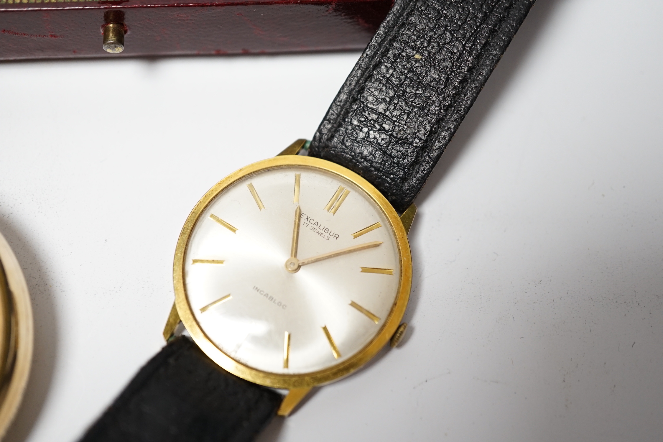 A pair of gilt metal Christian Dior tassel drop earrings and other jewellery, a wrist watch, pocket watch and a 9ct six piece dress stud set.
